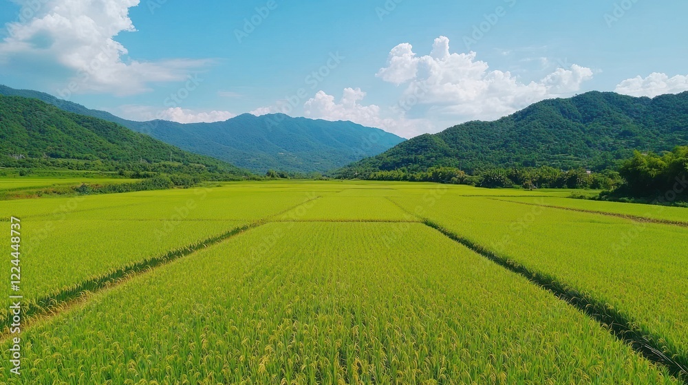 Aerial view of vibrant green rice paddy fields in a valley, mountains background, sunny day, agriculture Aerial view of vibrant green rice paddy fields in a valley, mountains background, sunny day, agriculture