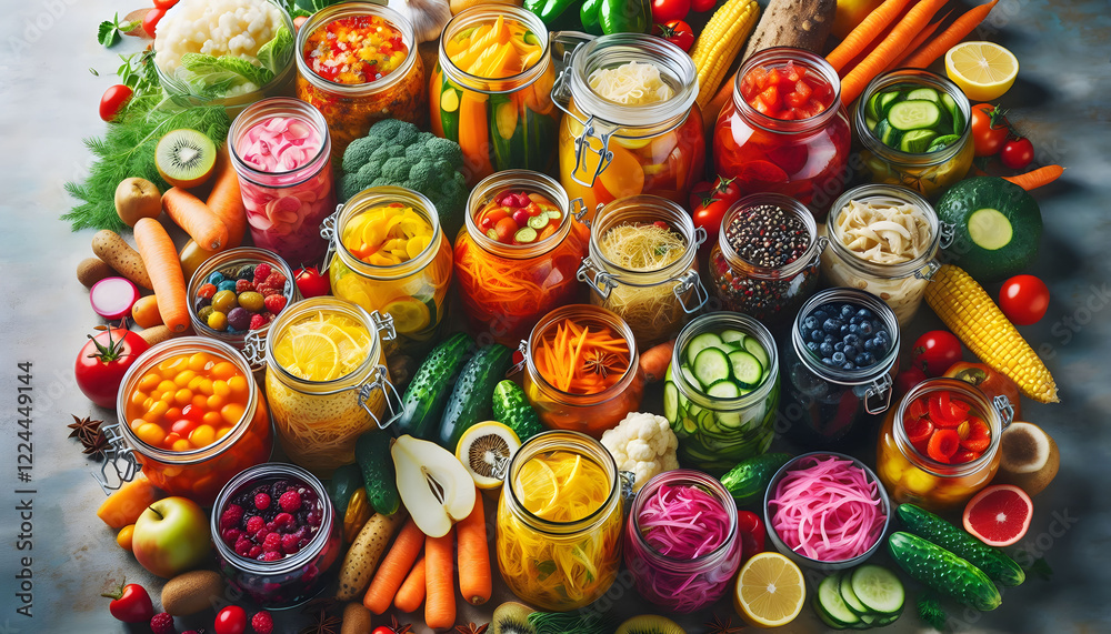A vibrant collection of assorted fermented foods displayed in clear glass jars, featuring a colorful array of textures and hues from vegetables and fruits, symbolizing healthy probiotic rich cuisine