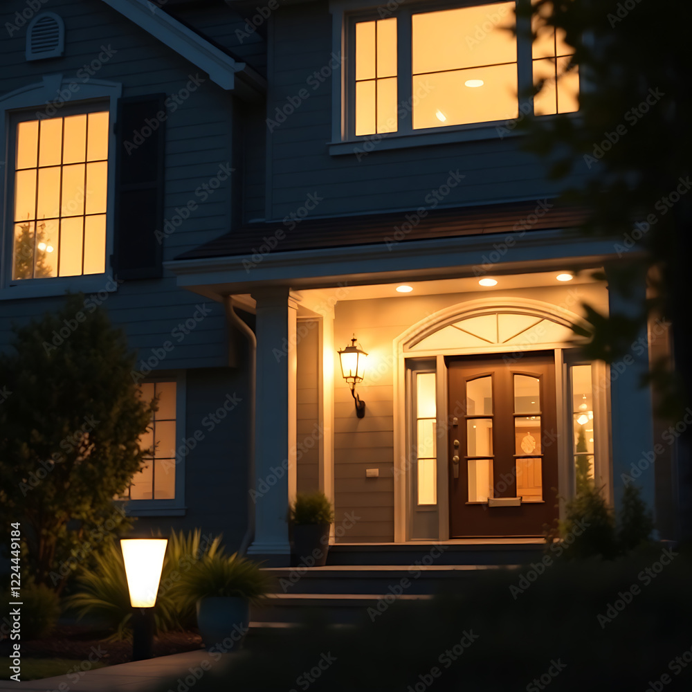 Obraz premium Illuminated Home Exterior at Night: Warm and inviting suburban house with glowing windows and welcoming entrance. Real estate, architecture, and home design concepts.