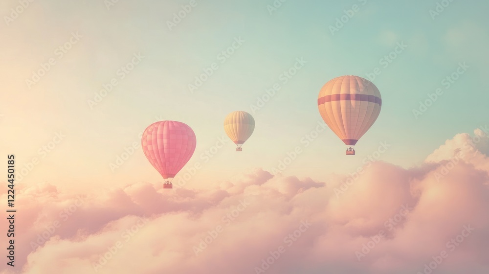 Fototapeta premium Hot air balloons soar above pastel clouds at sunrise; travel, adventure concept