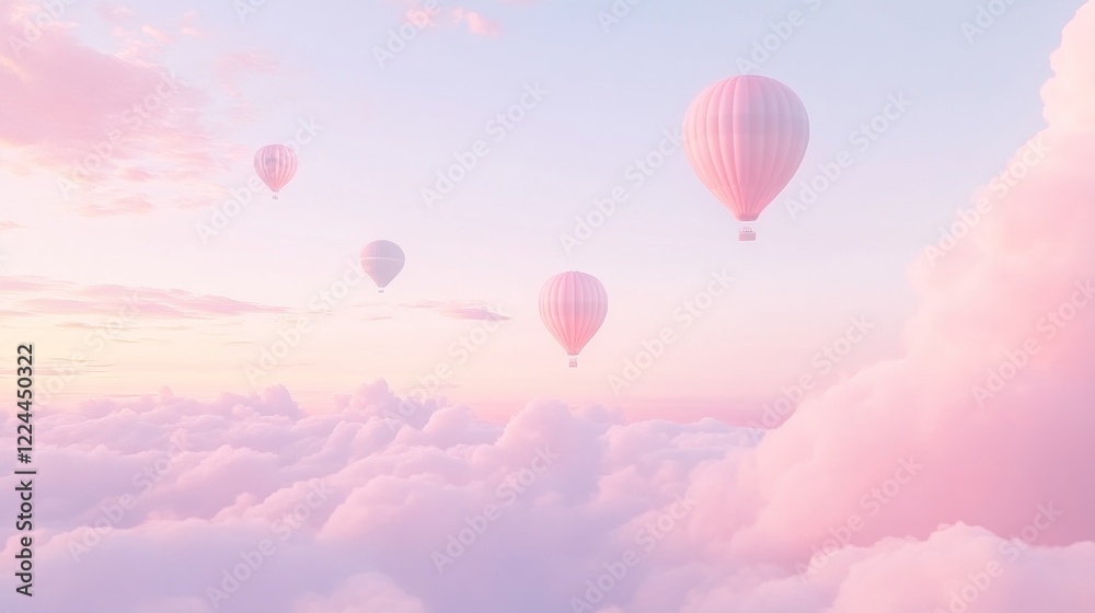 Fototapeta premium Pink hot air balloons soar above pastel cloudscape at sunrise; dreamy travel poster