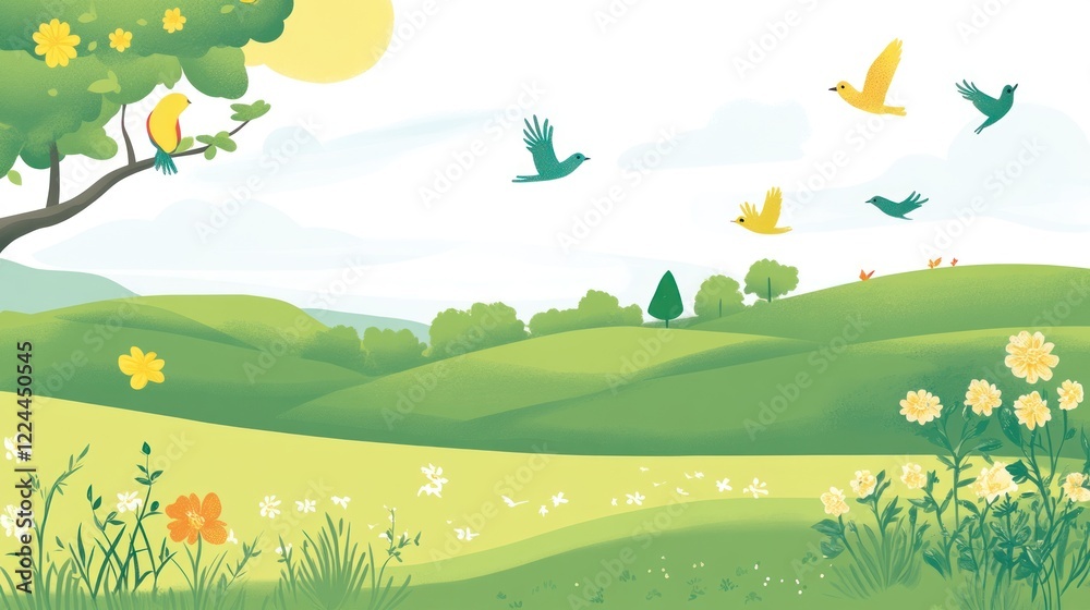 Obraz premium Birds fly over spring hills; sunny meadow, floral foreground; idyllic nature scene, website banner