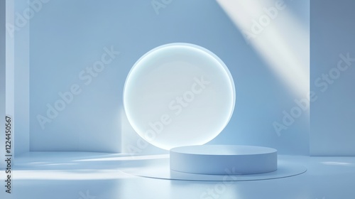 Minimalist blue studio backdrop with sunlit platform