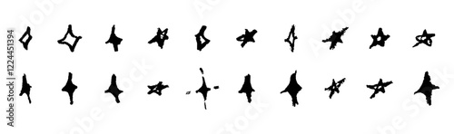 Set of fun like kid drawing black stars. Collection of wax pencil texture geometric elements. Night sky symbols scribble, doodle. Rough crayon or chalk vector illustration. Squiggles in children style