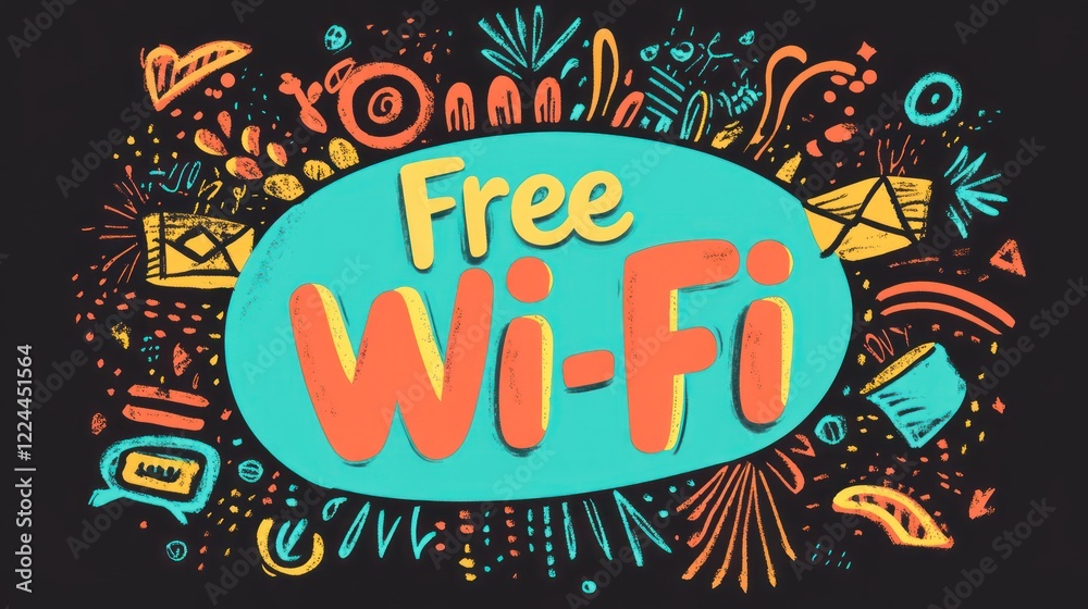 Fototapeta premium Free Wi-Fi sign, colorful doodles, dark background, internet access