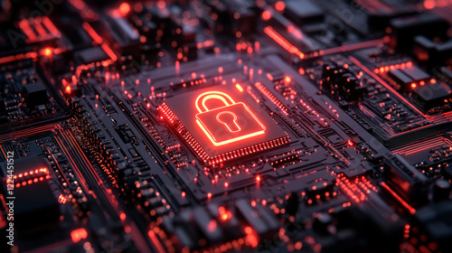 Padlock icon on circuit board.  Digital cyberspace abstract background.