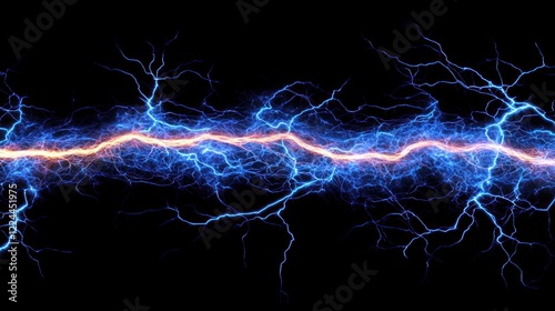 Blue-orange electrical discharge, energy arc, dark background, power, abstract design