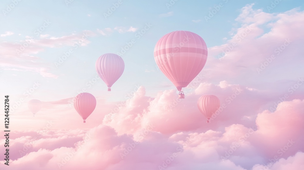 Fototapeta premium Pink hot air balloons soar above pastel clouds at sunrise; dreamy travel poster