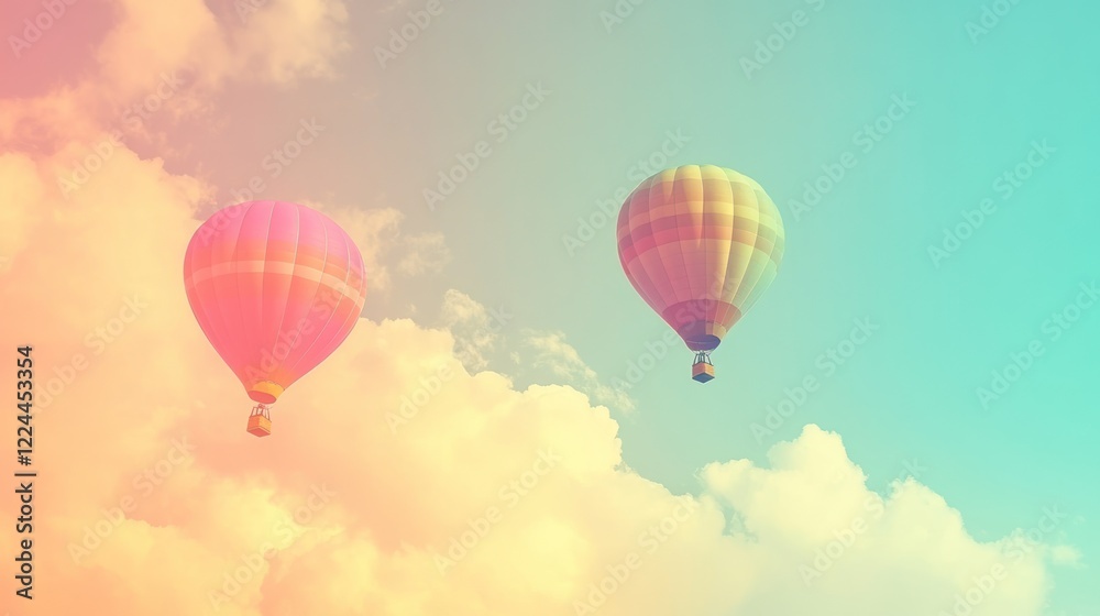 Naklejka premium Pastel hot air balloons soar above scenic sunset cloudscape