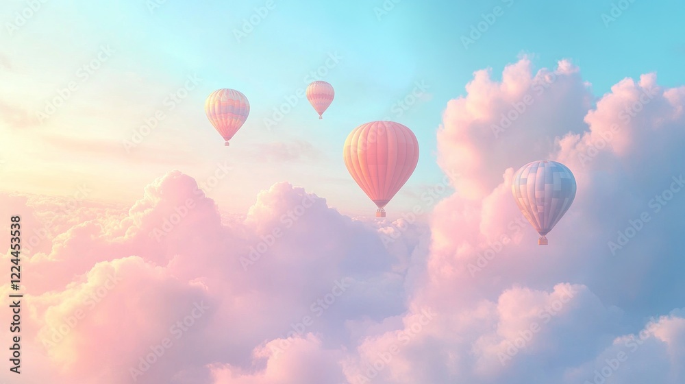 Obraz premium Hot air balloons soaring above pastel sunrise cloudscape