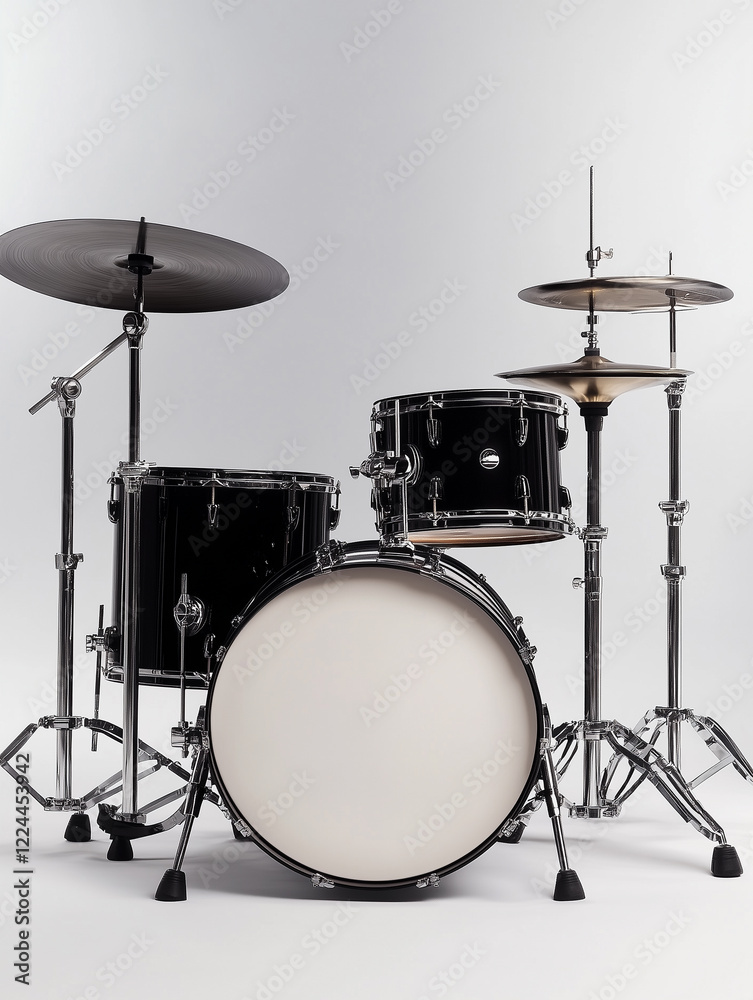 Drum set in sharp contrast showcasing stonepunk style on a white background