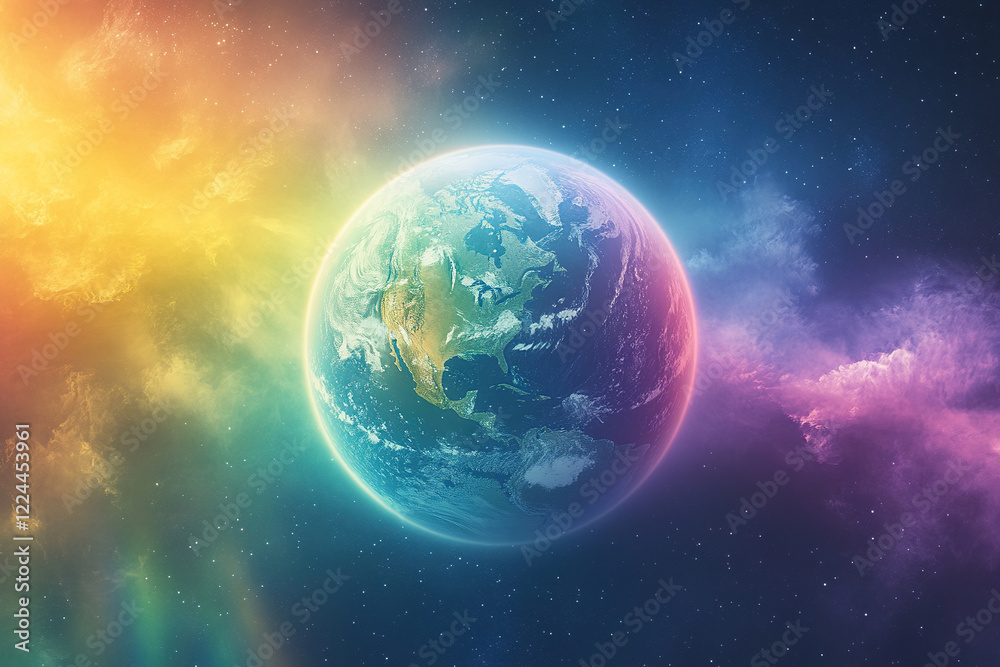 Obraz premium Rainbow shell around planet earth. Stars and clouds in the background. Fantastic image