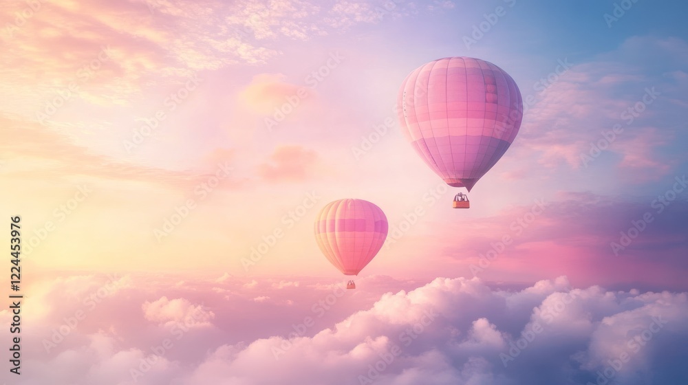 Fototapeta premium Pink hot air balloons soar above pastel sunset cloudscape