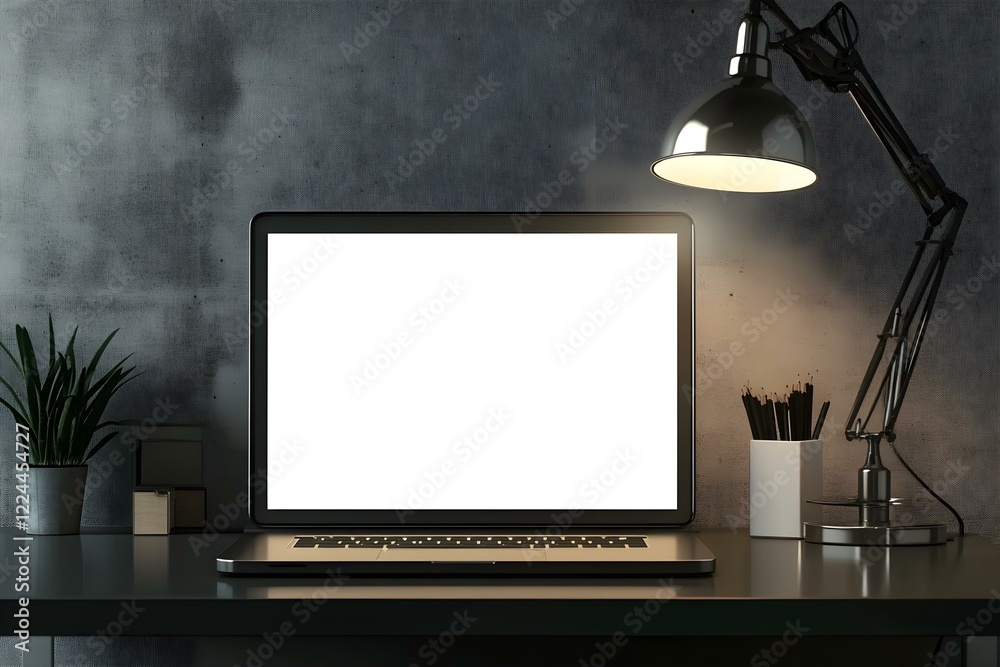 Fototapeta premium Modern Desk with Laptop and Lamp on Concrete Wall with Sleek Functional Design