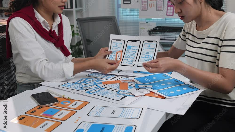 Two young female ui/ux designers are discussing, arranging, and improving the user interface and user experience design for a mobile application
