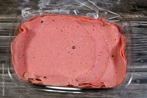 Lunch meats, cold cuts, luncheon cooked sliced cold delicatessens deli beef meat with black peppers, precooked or cured meats that are sliced and served cold or hot