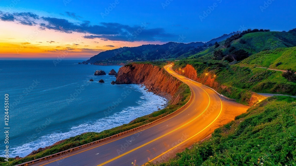 A scenic coastal road winding along cliffs with turquoise waves crashing below, captured at golden hour. High Quality A scenic coastal road winding along cliffs with turquoise waves crashing below, captured at golden hour. High Quality