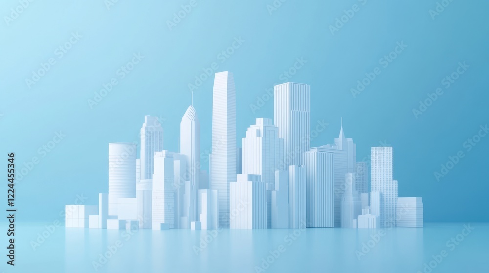 A minimalist city skyline rendered in shades of white against a light blue background. A minimalist city skyline rendered in shades of white against a light blue background.
