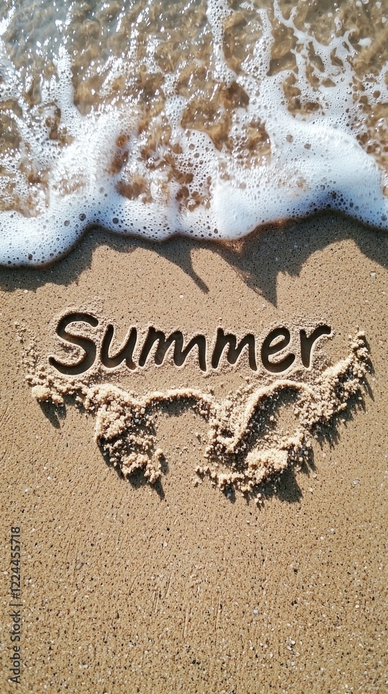 Fototapeta premium In the soft golden sand, the word summer is carefully etched, embraced by the gentle lapping of ocean waves. This coastal moment captures blissful relaxation and joy by the sea in bright sunlight