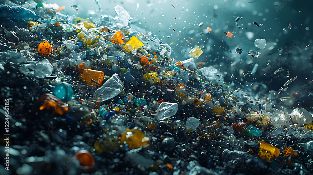 Plastic waste pile in water, showcasing environmental pollution and debris Plastic waste pile in water, showcasing environmental pollution and debris