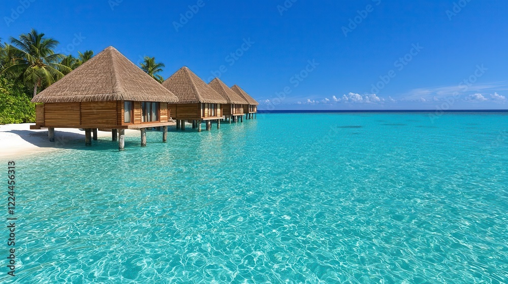 A serene tropical lagoon with overwater bungalows and crystal-clear water teeming with colorful marine life. High Quality A serene tropical lagoon with overwater bungalows and crystal-clear water teeming with colorful marine life. High Quality