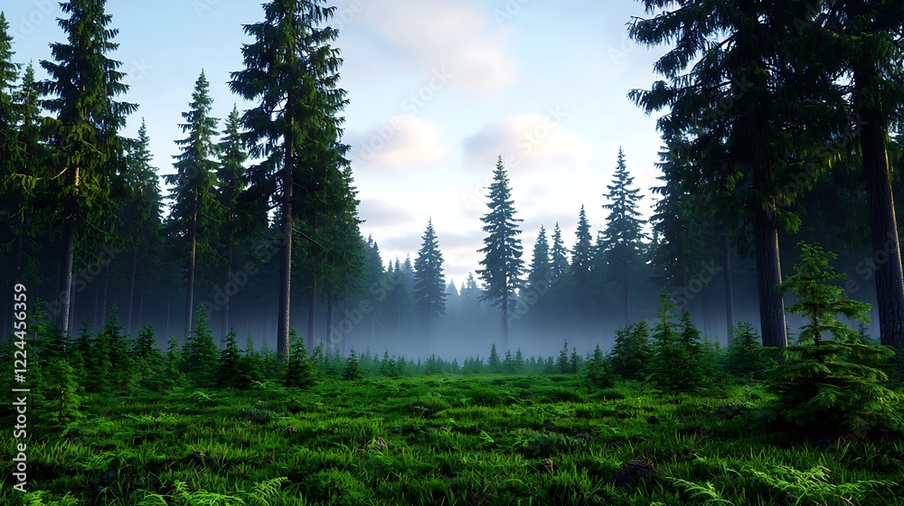 Fototapeta premium Misty Morning in a Lush Pine Forest