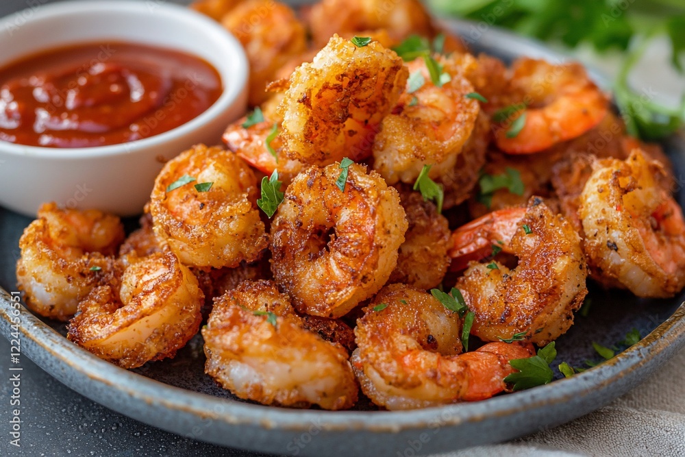 Crispy fried shrimp served on a plate with dipping sauce, garnished with parsley, in a cozy kitchen setting Crispy fried shrimp served on a plate with dipping sauce, garnished with parsley, in a cozy kitchen setting