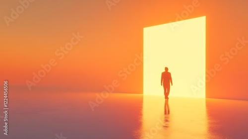 Symbolic illustration of progress  a figure advancing towards new opportunities and a bright horizon