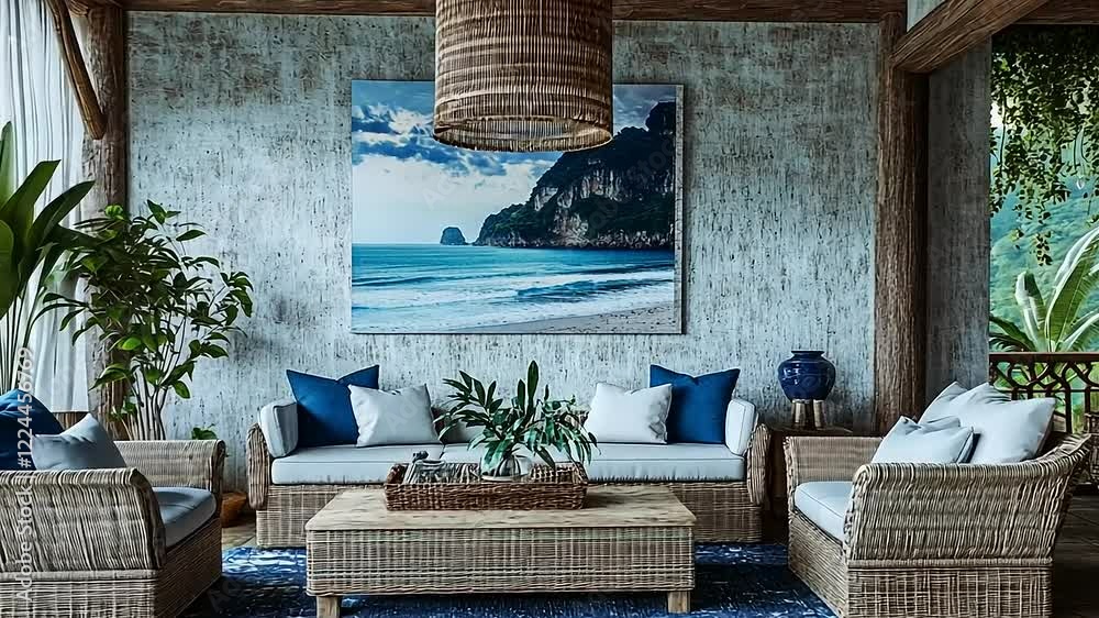Tropical Coastal Patio with Rattan Furniture and Ocean View Artwork