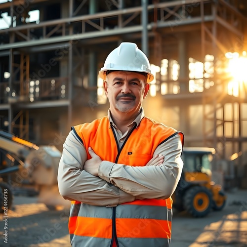 
Un hombre blanco de mediana edad con casco y chaleco de seguridad, de pie con los brazos cruzados en un sitio de construcción.