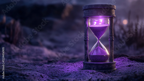 Creative Ash Wednesday Scene Featuring a Purple Hourglass with Shining Ashes Representing Time, Reflection, and Spiritual Renewal photo