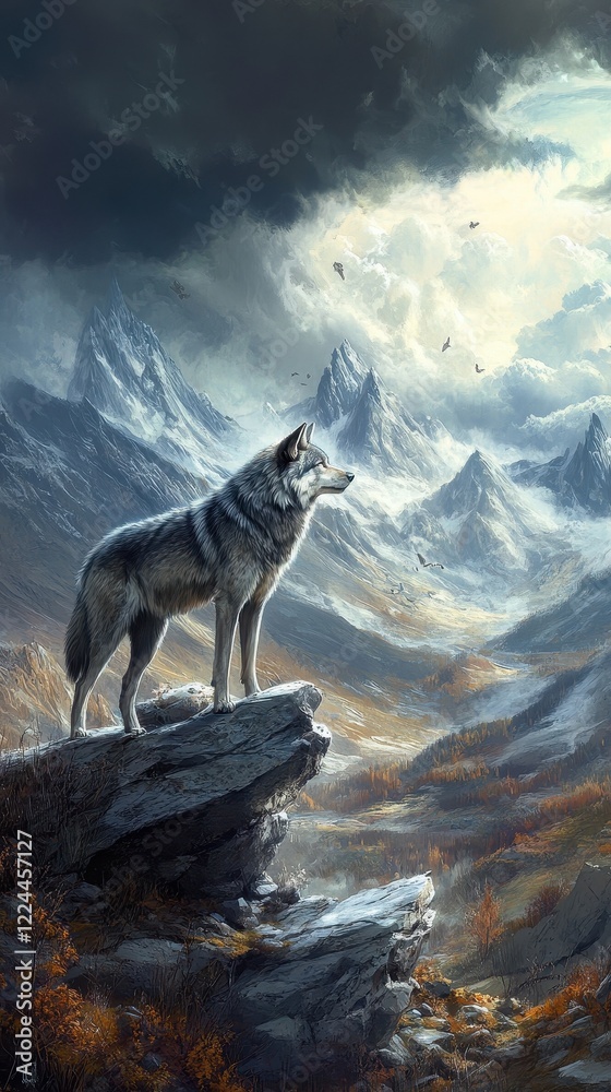 Fototapeta premium Majestic Wolf Surveys a Mountainous Winter Landscape