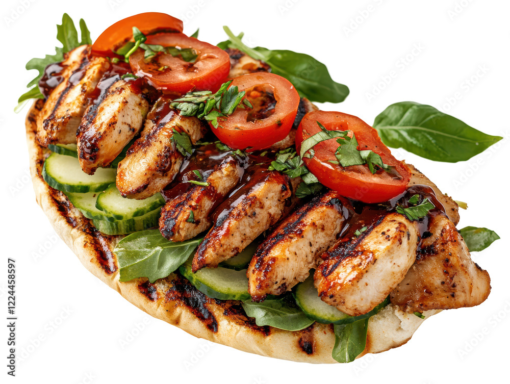 Isolated chicken sandwich with veggies on a flat bread Isolated chicken sandwich with veggies on a flat bread