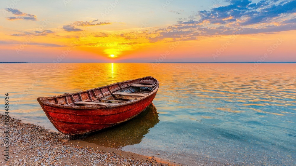 A tranquil sunset over a calm sea, with a small fishing boat silhouetted against the horizon. High Quality A tranquil sunset over a calm sea, with a small fishing boat silhouetted against the horizon. High Quality