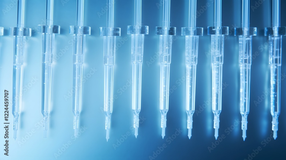 A row of disposable syringes with capped needles neatly arranged on a clean sterile surface signifying medical equipment and healthcare for various treatments and procedures A row of disposable syringes with capped needles neatly arranged on a clean sterile surface signifying medical equipment and healthcare for various treatments and procedures
