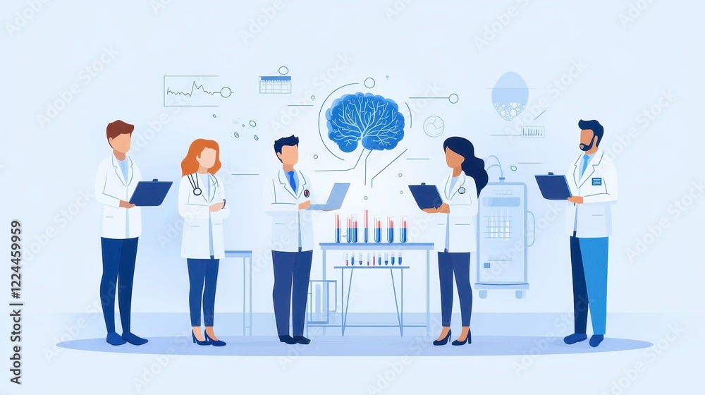 Group of scientists analyzing brain research data. Group of scientists analyzing brain research data.