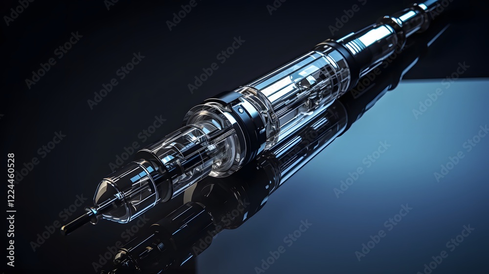 Naklejka premium Close up shot of an insulin syringe positioned on a reflective transparent surface The syringe is filled with a clear liquid