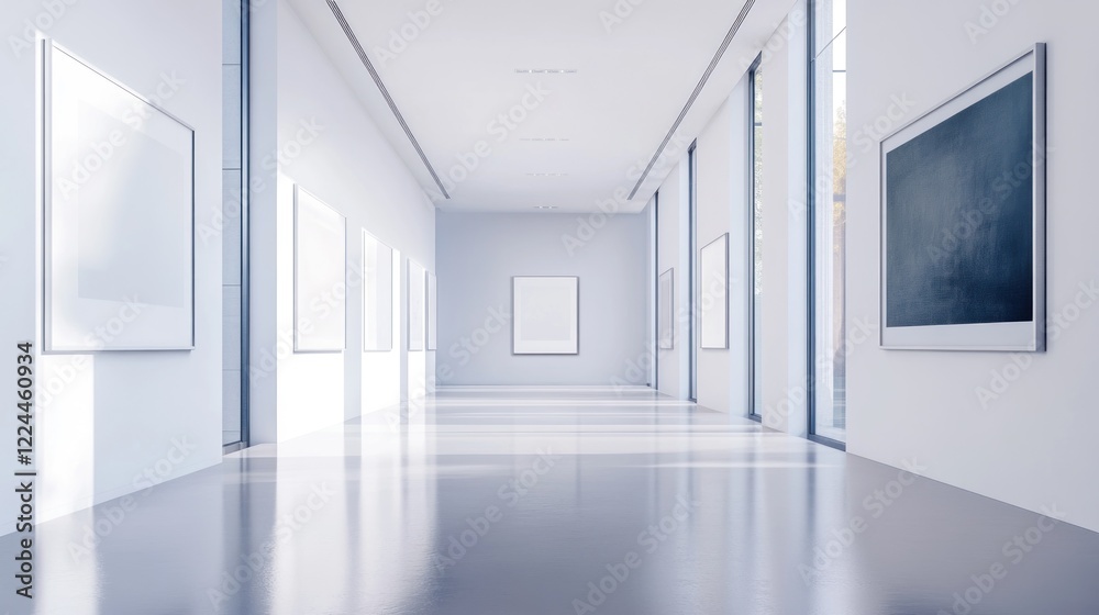 Fototapeta premium Bright modern art gallery with blank frames and large windows showcasing a pristine space
