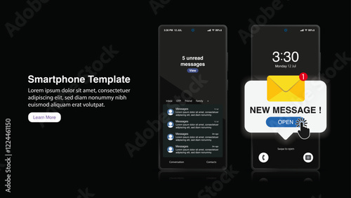 Realistic Smartphone Mockup: Incoming New Message Notifications, Emails, Alerts, and Pop-Ups. Vector Illustration.