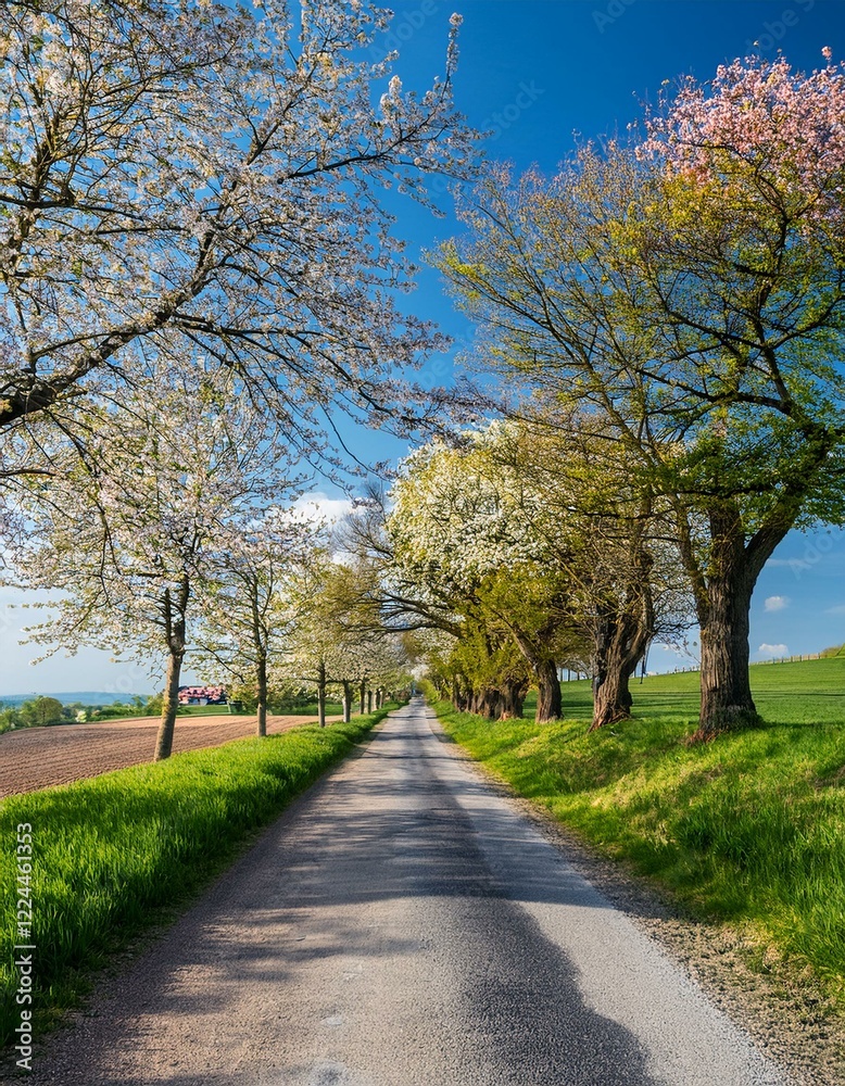 Scenic Spring Road – Tree-Lined Path with Fresh Green Foliage and Blooming Countryside Landscape