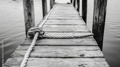 Monochrome photo of a rustic wooden dock extending over calm water, secured by a thick rope. photo