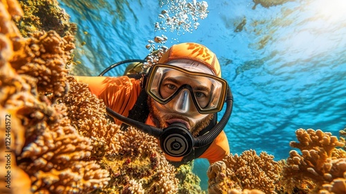 A whimsical underwater photo of a diver swimming with a school of vibrant, colorful fish near a coral reef. High Quality