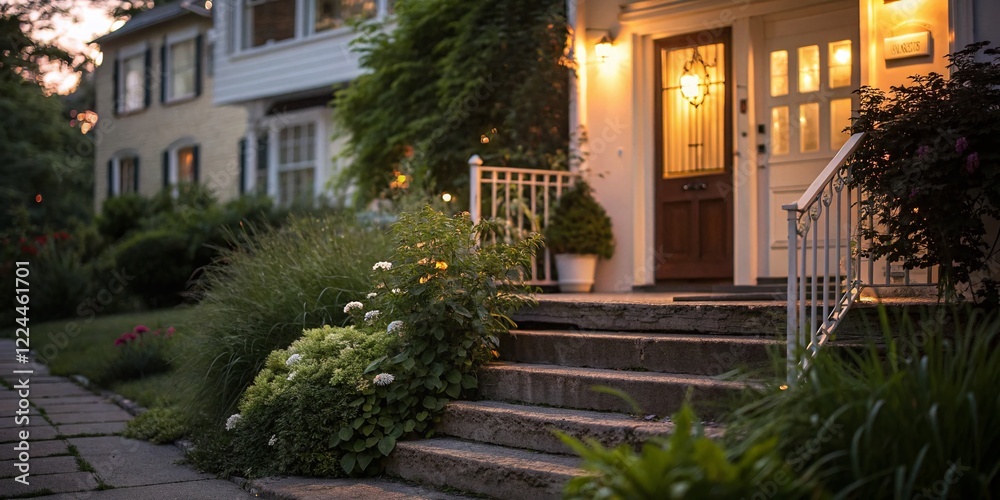 Fototapeta premium Bokeh Lights on Steps Leading to Front Door at Dusk