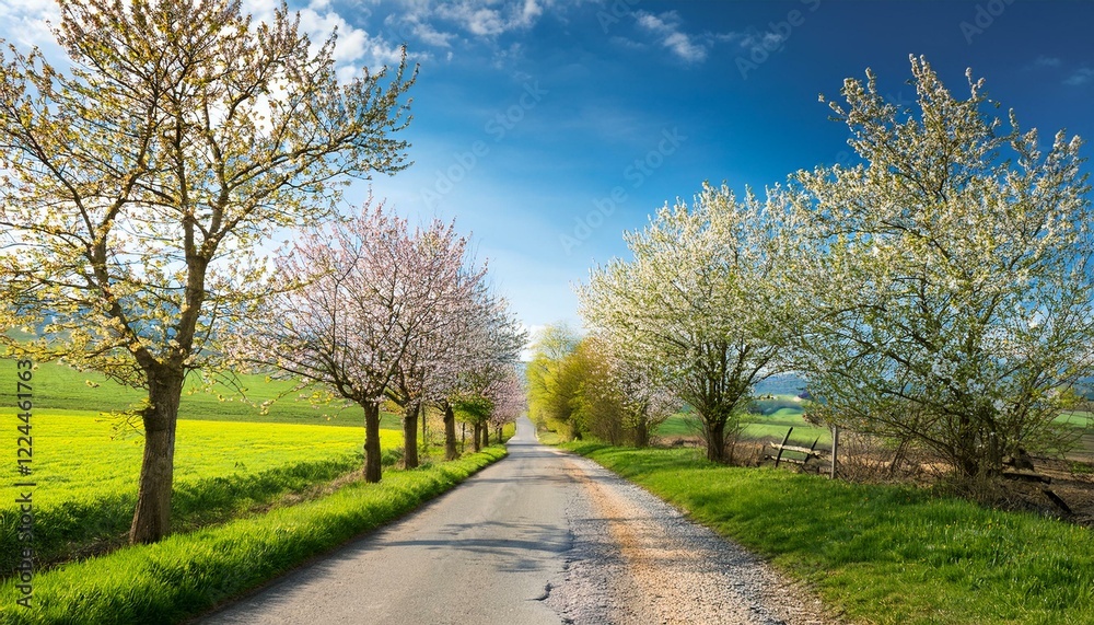 Scenic Spring Road – Tree-Lined Path with Fresh Green Foliage and Blooming Countryside Landscape Scenic Spring Road – Tree-Lined Path with Fresh Green Foliage and Blooming Countryside Landscape