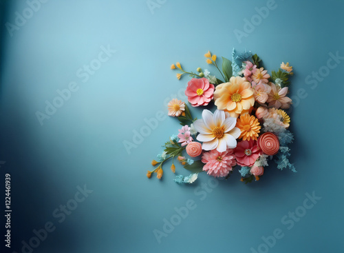 A vibrant cluster of pastel paper flowers artfully arranged on a teal background. The composition is airy and delicate, suggesting spring or summer.