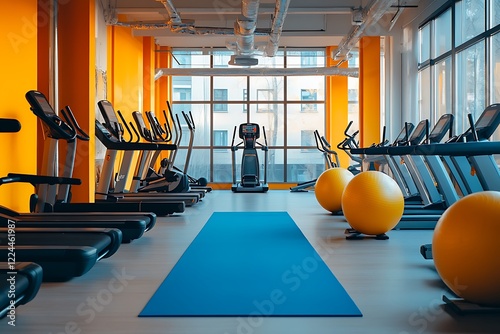 Bright gym with treadmills, elliptical trainers, and yoga mat. photo