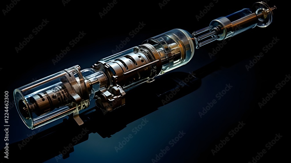 Naklejka premium Detailed 3D Model of a Medical Syringe Showing the Internal Structure and Components of this Essential Healthcare Equipment