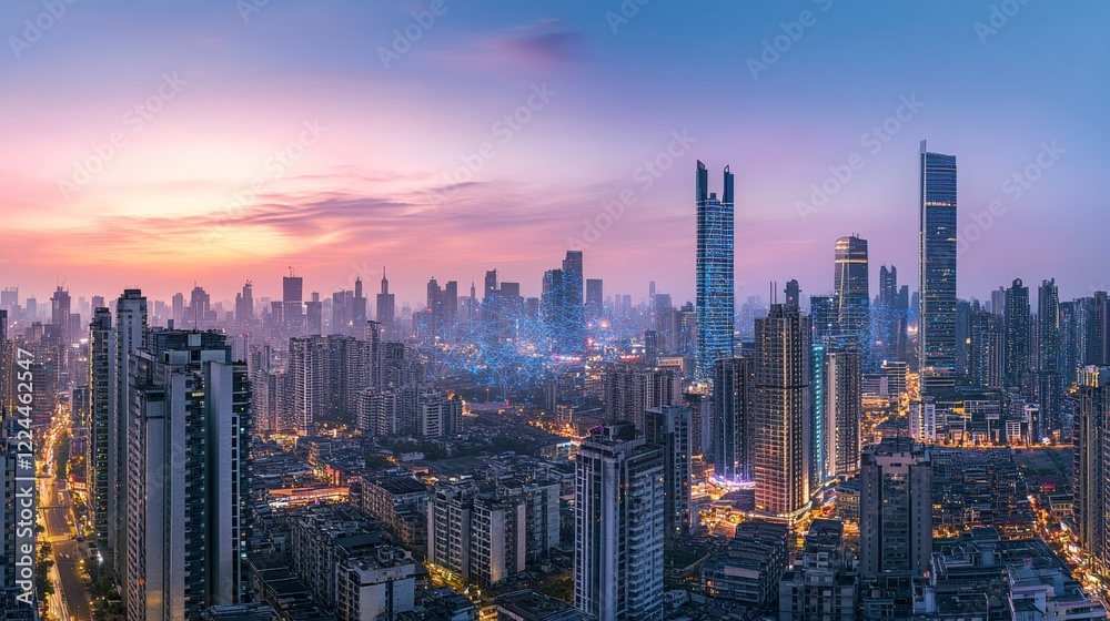 Fototapeta premium Stunning panoramic view of a modern city skyline at dawn with digital data flow overlays