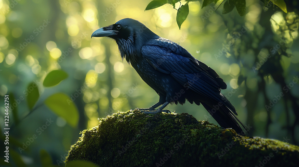 A majestic raven perched on a moss-covered log amidst a lush green forest with soft sunlight filtering through