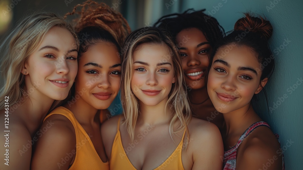 Fototapeta premium Six women of diverse backgrounds stand together, radiating joy and camaraderie in a bright urban setting during a warm summer day. Their expressions capture the essence of friendship